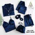Poshak Saaz 7-Piece Silk Night Dress Set for Women - Satin Pajama Set with Shirt, Trouser, and Accessories. 