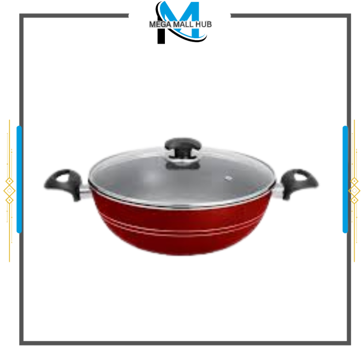 King Chef Non Stick Karahi Wok Cooking Pot With Glass Lid Red
