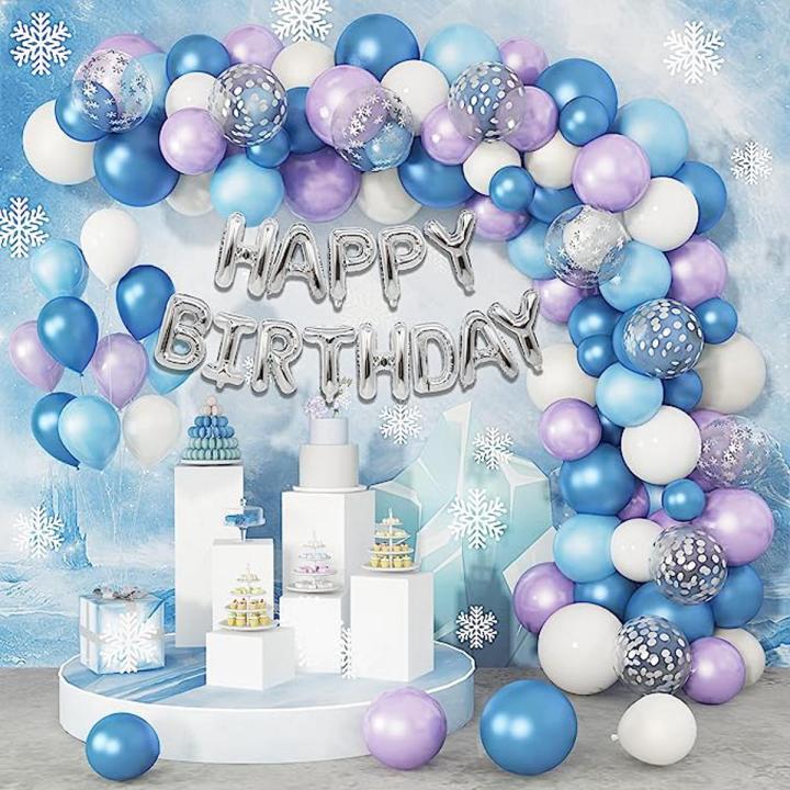 Frozen Theme Birthday Decoration Set Purple Blue White Silver Confetti Happy Birthday Foil Balloons for Theme Birthday Party Supplies Decorations