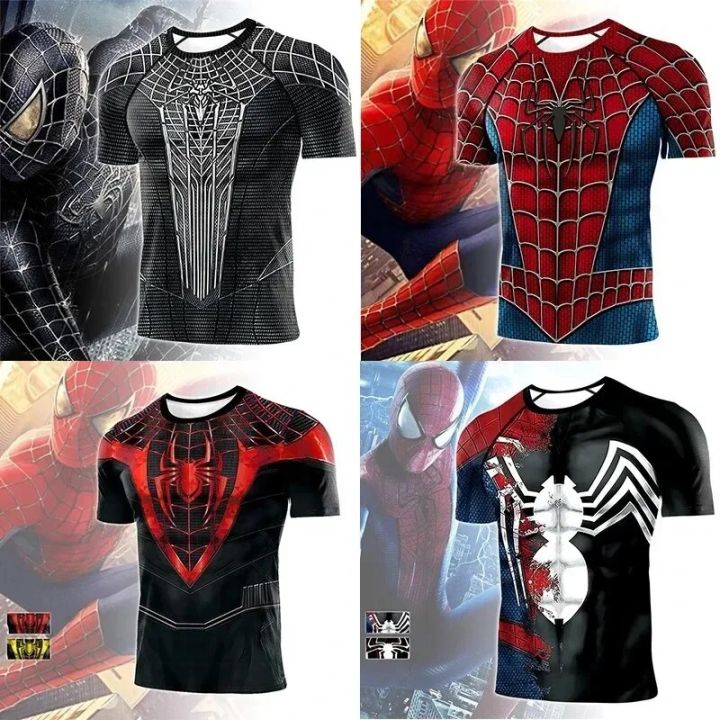 Compression Quick Dry Spiderman T-shirt Men Running Short Tee Shirt Male Gym Fitness Bodybuilding Workout Black Tops Clothing