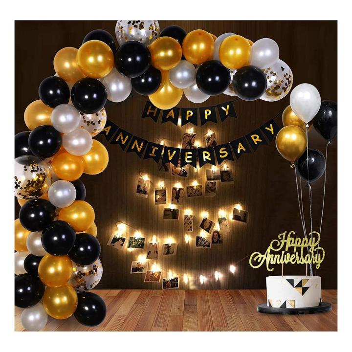 Beautiful Theme of Happy Anniversary Card Banner with Combo of '30'Pcs Latex Balloons '5' Confetti Balloons & Golden Fairy Light (21 Feet) for Anniversary Party Decorations