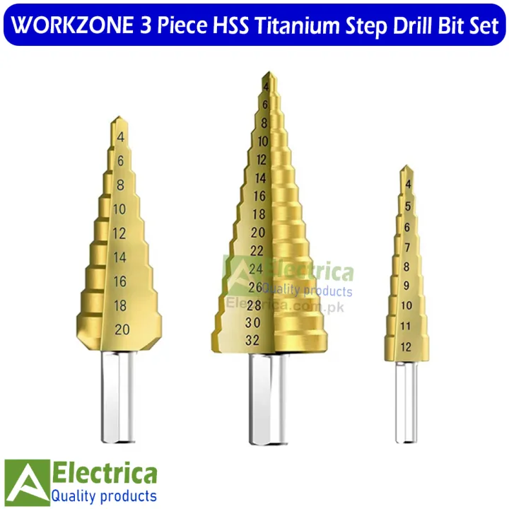 WORKZONE%203%20Piece%20HSS%20Titanium%20Step%20Drill%20Bit%20Set%20%E2%80%93%20Multi-Size%20Metal%20Drilling%20Tool%20Kit%20by%20Electrica%20-%20Image%203