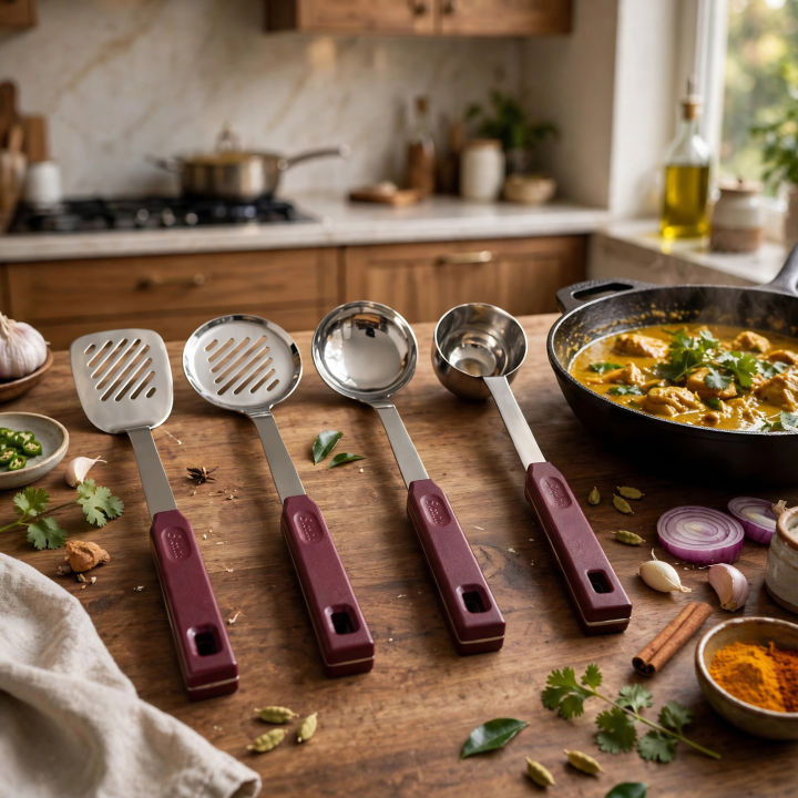 Kitchen Cook Using Spoon 4 Pcs Cooking Spoons Set - Kitchen Spoon Set - Steel Chimta Set - Salan ...