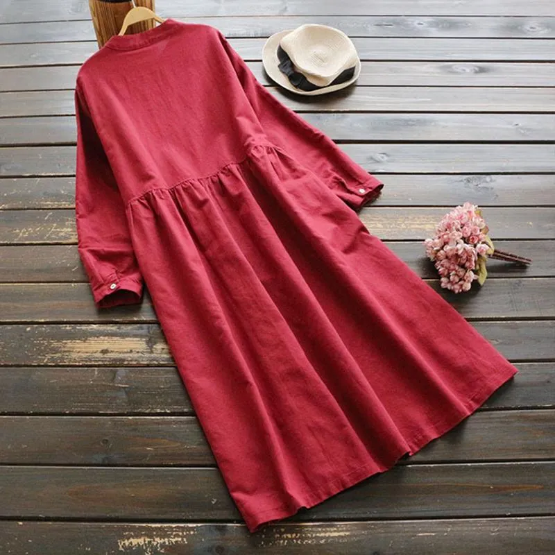 fashion ZANZEA Women Long Sleeve Long Shirt Dress Buttons Neck Cotton Ethnic Retro Maxi Dress Daraz.pk