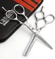 CANDURE Professional Barber Thinning Hair Scissors Kit for Hairdressers Barbers Stainless Steel Cutting Saloons Kits Gifts with Comb Black Silver Color 5.5” inch Salon Tailors Men Women Children Beauty Export Best Quality Packing Hand tool Snips Scissors. 