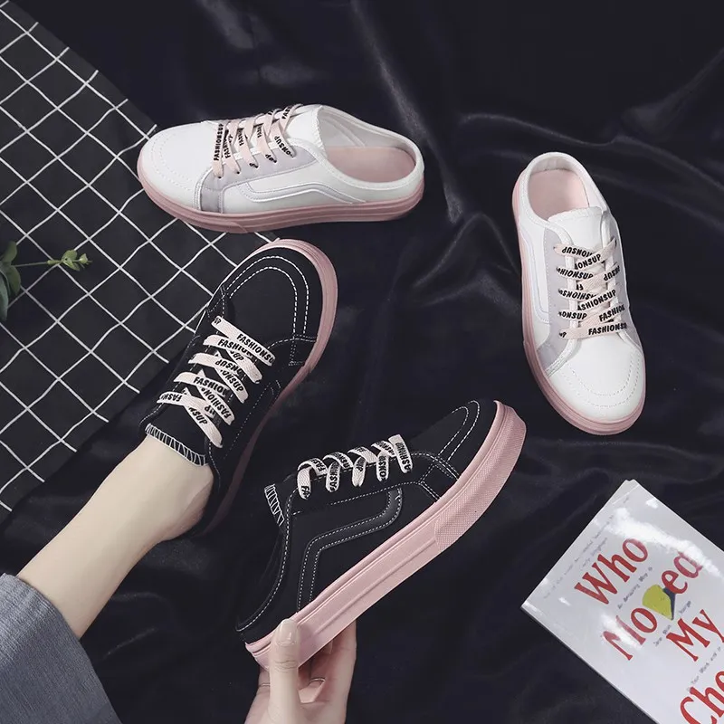 women s flat sneakers korean breathable half canvas shoes casual lazy slip ons ladies black white kasut sukan Daraz.pk