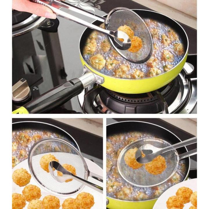 Imported Small Multi-functional 2 in 1 Fry Tool Filter Spoon Strainer With Clip,Oil Frying BBQ Filter Stainless Steel Mesh Strainer Kitchen Tool Frying Mesh Colander Quick Strain Stainless Steel Tong Colander Frying Mesh