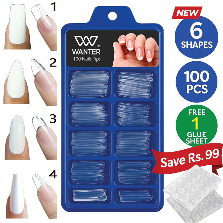 WANTER 100Pcs Fake Nails For Girls, With 3 Nails Glue Sheet, Square Almond Oval Coffin Shape Natural & Transparent Color Artificial Nails Kit Fake Nails Acrylic Nails For Girls Beautiful Nails False Nails With Nails Glue Stickers