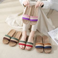 Linen Slippers Women's Summer Indoor and Outdoor Home Floor Non-Slip Office Slippers Home Cute Colorful Striped Slippers. 