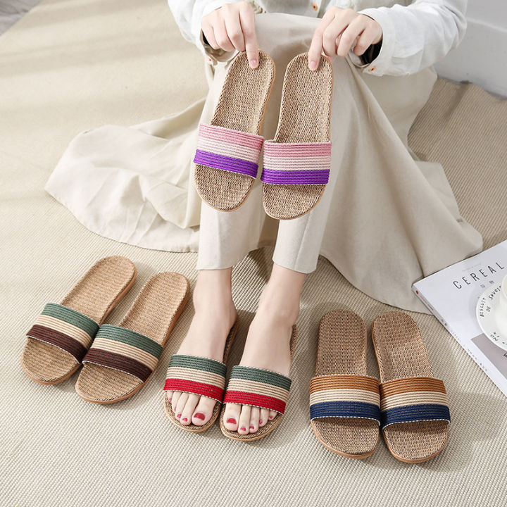 Linen Slippers Women's Summer Indoor and Outdoor Home Floor Non-Slip Office Slippers Home Cute Colorful Striped Slippers