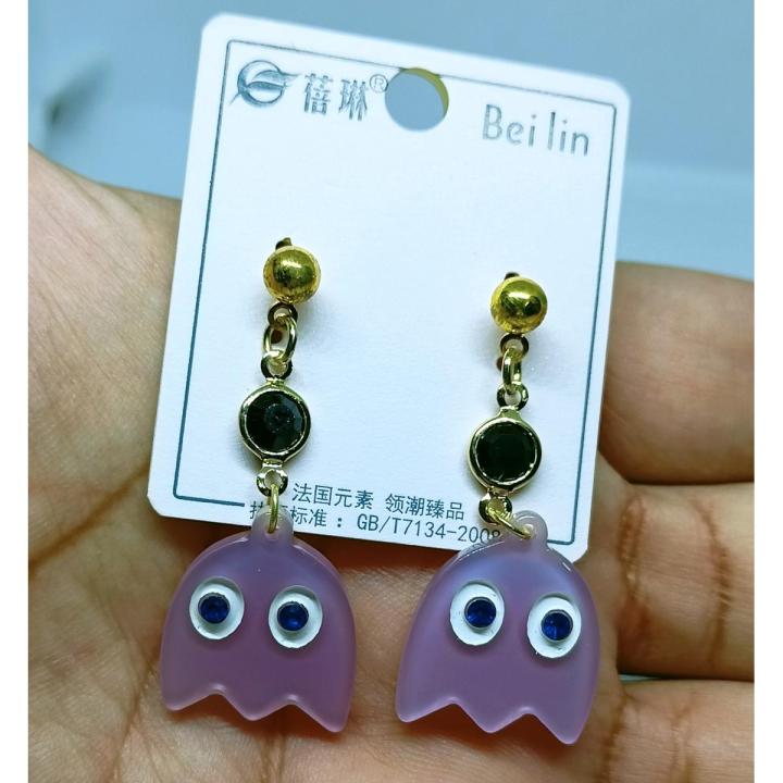 Korean Style Jewellery Acrylic Purple Pacman Character with Zircon Drop Earrings for Girls Women - AA-ER29