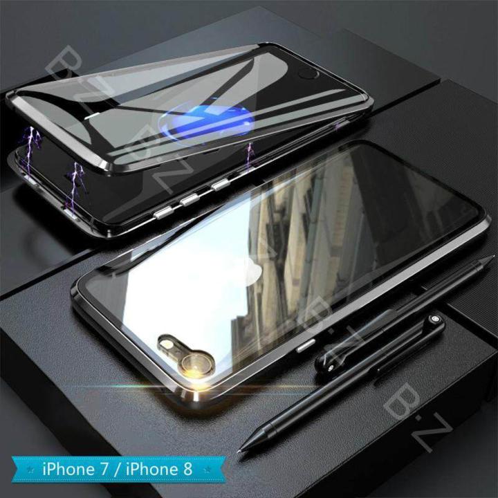 lthmy for Apple iPhone 8 Magnetic Case 360 Front Back double-sided 9H Tempered Glass Case Metal Bumper cover