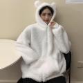 Yfashion Women Cute Warm Coat Winter Bear Ears Furry Thickened Jacket Large Size Loose Solid Color Hooded Coat color. 