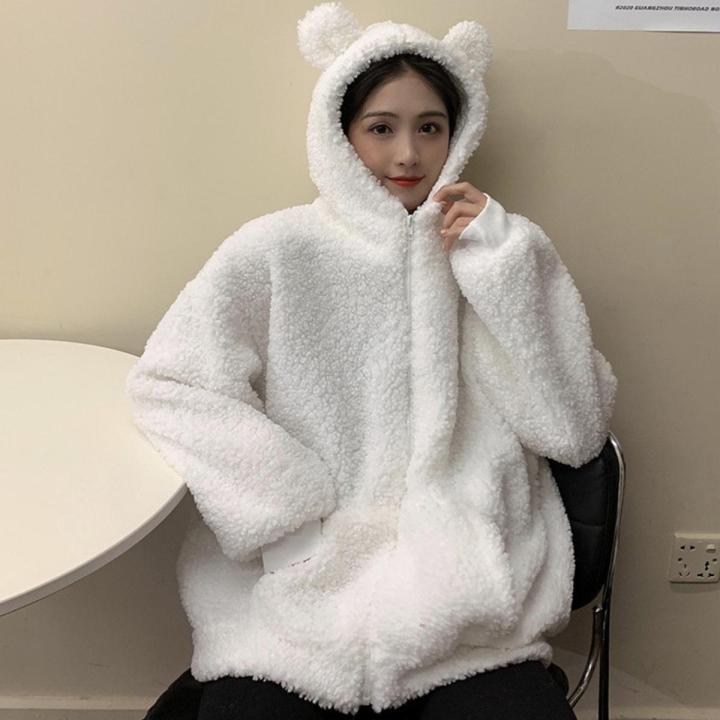 Women Cute Warm Coat Winter Bear Ears Furry Thickened Jacket Large Size Loose Solid Hooded Coat Daraz.pk