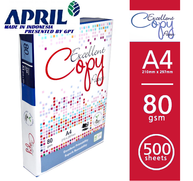A4 80 Gsm SIZE REAM - EXCELLENT BRAND - APRIL PAPER - IMPORTED - a4 80gsm paper rim - made in Indonesia