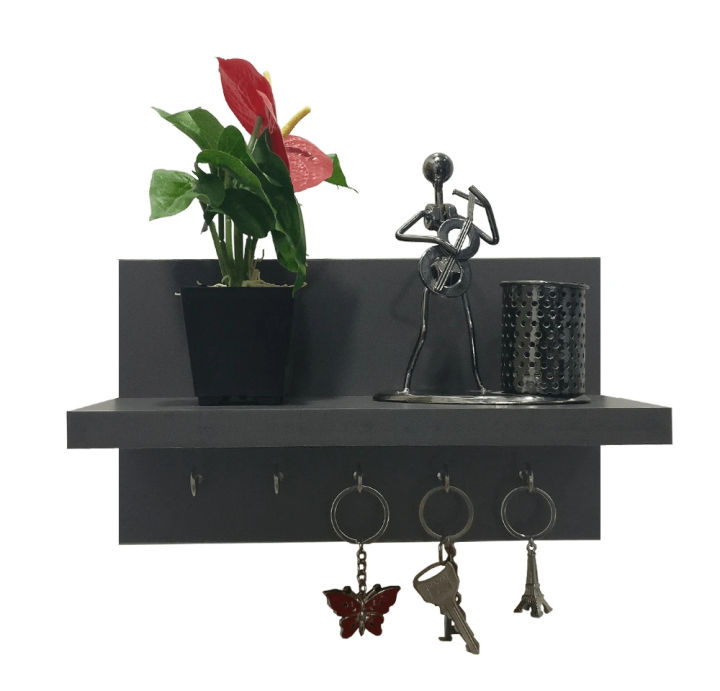 Wall-Mounted Wooden Key Holder with 5 Hooks and Book Shelf – Compact ...