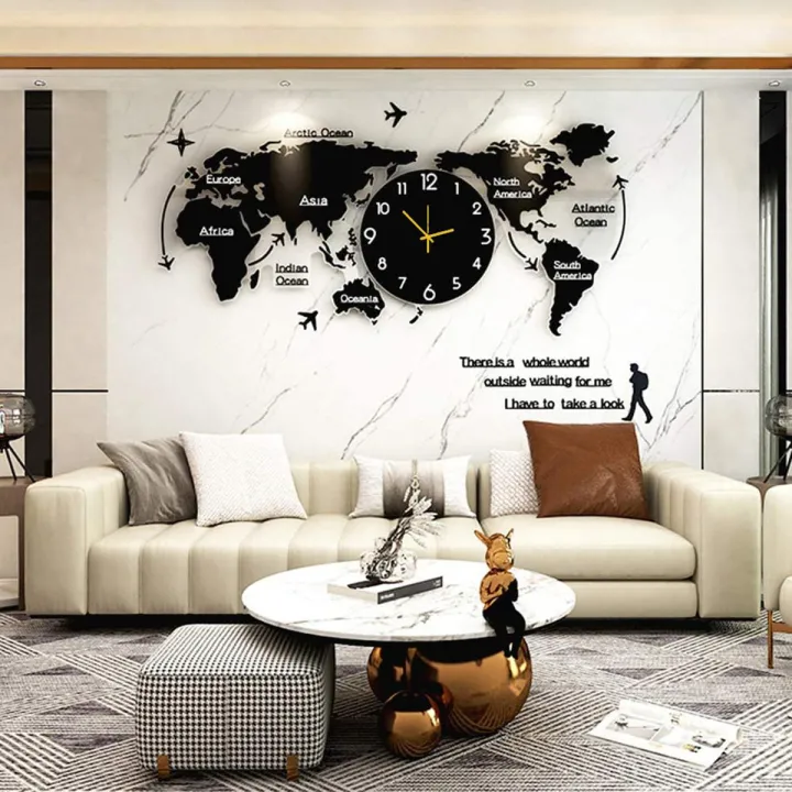 DWU World Map Decorative Wooden Wall Clock Modern Design Living Room Decoration Wall Watch Wall Decor