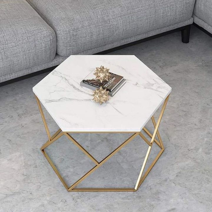 Hexagon Coffee Table - Leisure Snack Side Table Overbed Desk Marble Effect Top Metal Base for Living Room Creative Furniture Workspace