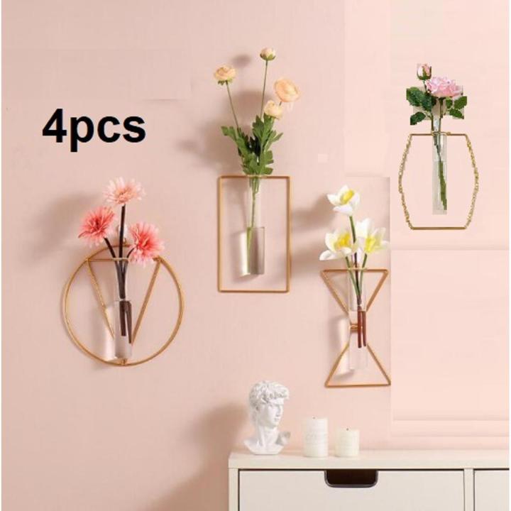 4pcs Wall Mounted Glass Vases with Iron Stand for Home Decor Hydroponic Plant Display in Golden and Black