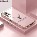 Jizetin (Free Lanyard) for Infinix Note 11 / Note 12 G88 Back Cover Antlers Luxury 6D Plating Case Side Pattern Soft Silicone Square Mobile Phone Cases. 