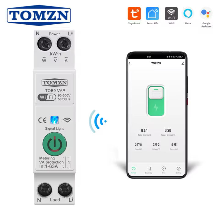 TOMZN TOB9-VAP 63A WiFi Smart Circuit Breaker Over Voltage Under Voltage Over power Protection Power Metering Wireless Electricity monitoring Timer Relay MCB Remote Control Switch
