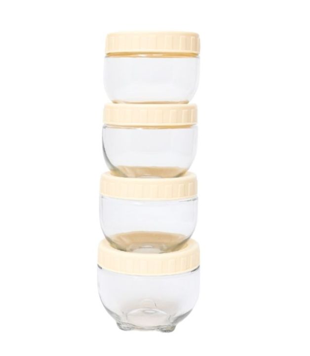 Set of 4 Mini Plastic Storage Jars – 100g Capacity Each | Interlocking Jar Design | Transparent Jars with Cream Lids | Airtight Plastic Containers for Spices, Dry Fruits, Snacks | Small Round Kitchen Jars | Leak-Proof & Stackable
