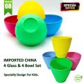 High Quality 4 Bowls and 4 Glass Set - Imported China Unbreakable Food Grade Material Bowls And Glass, Multipurpose Set. 
