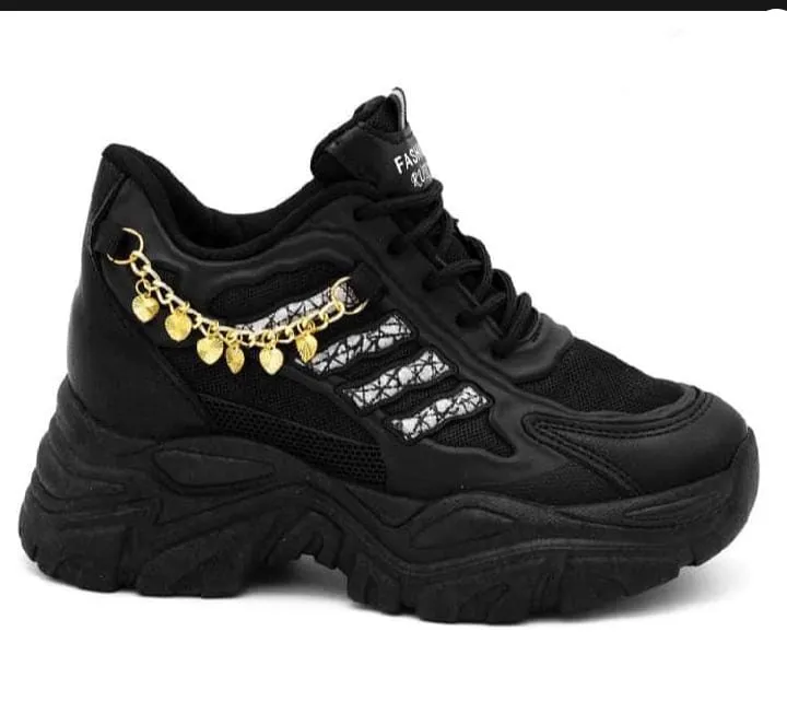 Black sneakers with golden chain for girls High sole black shoes