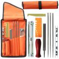 chainsaw sharpener-3x Round Files
1x Flat File
1x Hardwood Handle
1x Depth Gauge Tool
1x Screw On File Guide
1x Quick Check Gauge
1x Bar Groove Cleaner
1x Carrying Pouch-…. 