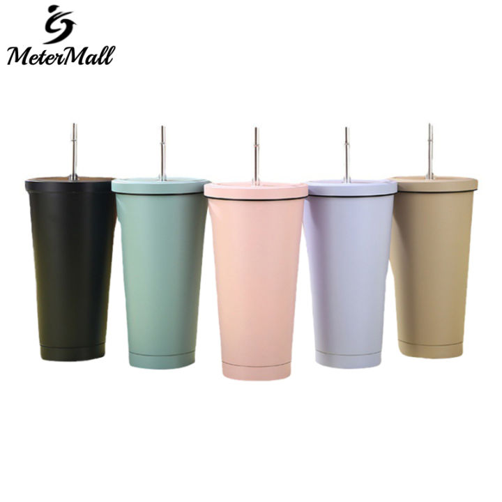 MeterMall Coffee Cup With Splash-Proof Lid Metal Straw Double Vacuum Insulation Design 304 Stainless Steel For Hot Cold Drinks Travel Mug