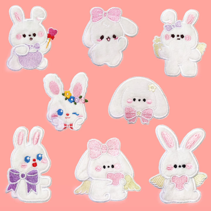 Self Adhesive Cartoon Fluffy Rabbit Patches Embroidered Cute Stickers for Scrapbook Phone Case Decoration DIY Clothes Badge