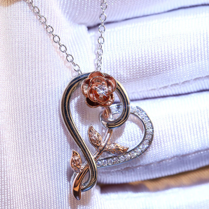 Heart & Rose Crystal Pendant Necklace for Women – Rose Gold & Silver Luxury Fashion Jewelry Gift