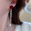 Wine Red Flocking Bow Pearl Tassel Earrings For Women Elegant Trending Luxury MJ. 