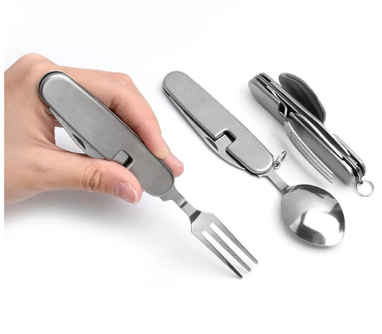 Stainless Steel Camping Folding Swiss Knife Outdoor Multitool Portable Pocket Fork Knife Spoon Box Cutter EDC Gadget Hand Tools