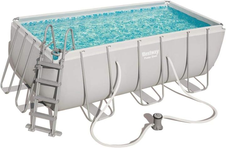 Bestway Power Steel Rectangular Off-Earth Pool, 4.12M x 2.01M x 1.22M, Full Size Pool, Water & Summer Fun, Depth Family Swimming Pools, With Filtering Pump, Above Ground Pool Set, Ladder & Doser Included, Steel Rectangle Shape Swimming Pool : 56456