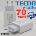 Original Tecno 70W Super Fast Charger – Type-C PD Adapter with USB Type-C Cable | Compatible with Phantom V, Camon 20 Premier, Pova Series. 