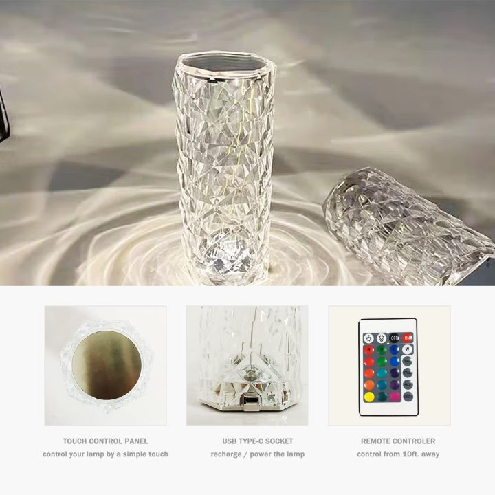 Luxury RGB Crystal Table Lamp – Rose Diamond Design | 16 Colors | Touch ...