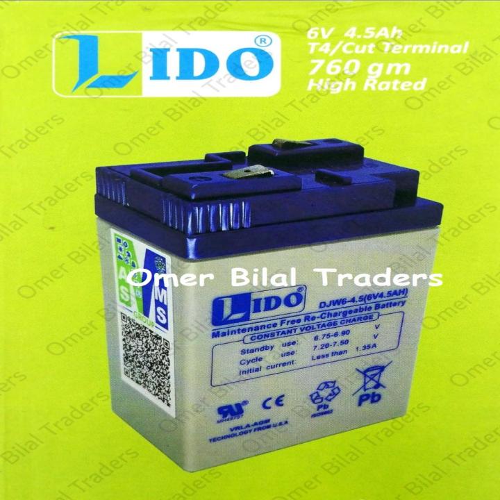 LIDO Rechargeable Dry Battery 6v 4.5AH T4/Cut Terminal