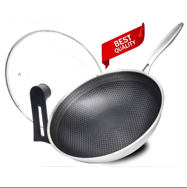Stainless Steel Frying Pan 316 Stainless Steel Household Flat Bottom Cooking Pan With Steel Handle Double-sided Honeycomb Uncoated Non-stick Pan Home Kitchen Cookware (Color : Black, Size : 34cm)