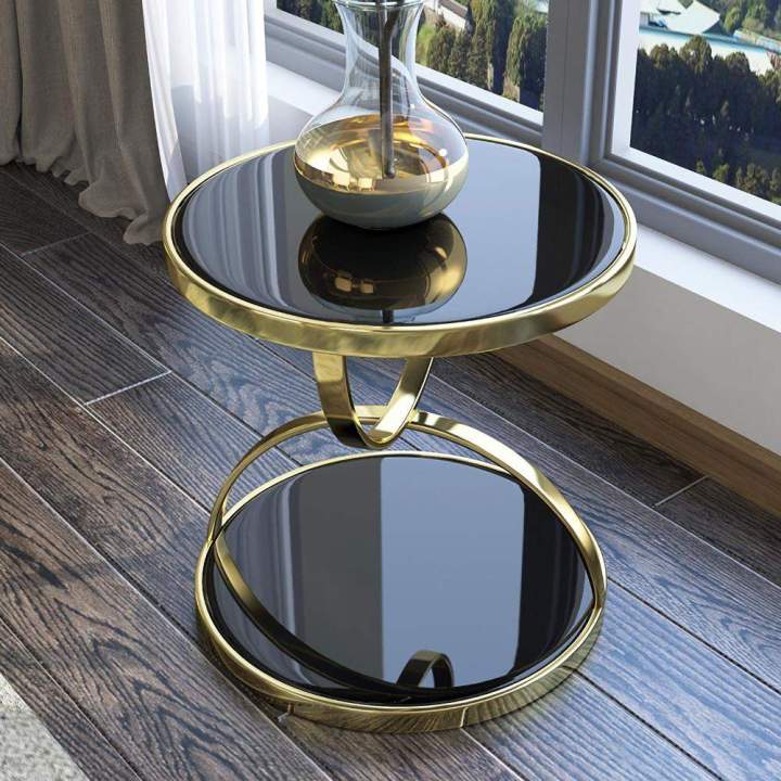 Black Round Side Table in Tempered Glass with Gold Storage, Luxury Toughened Glass Corner Table with Stainless Steel Gold Finish, and Nordic Luxury Wooden Side Table - The Perfect Serving, Accent, and End Tables for Your Room!