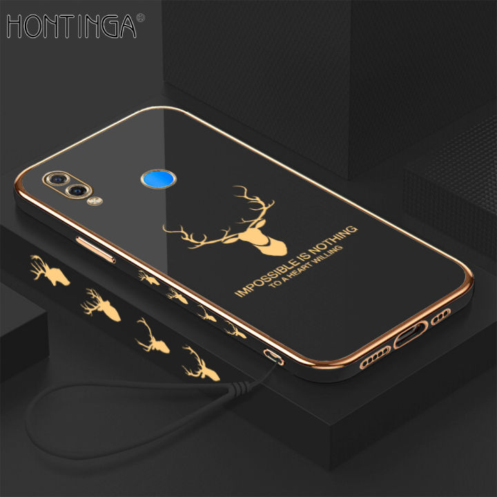 Hontinga for Huawei P Smart Plus Back Cover（Free Lanyard）Luxury 6D Plating Cartoon Lucky Deer Side Pattern Caese Soft Silicone Square Phone Cases