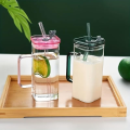 Multi-Color Square Glass Mug With Handle- Straw & Wooden Lid - Drinking Glass, Glass Cups with Lids and Straw. 