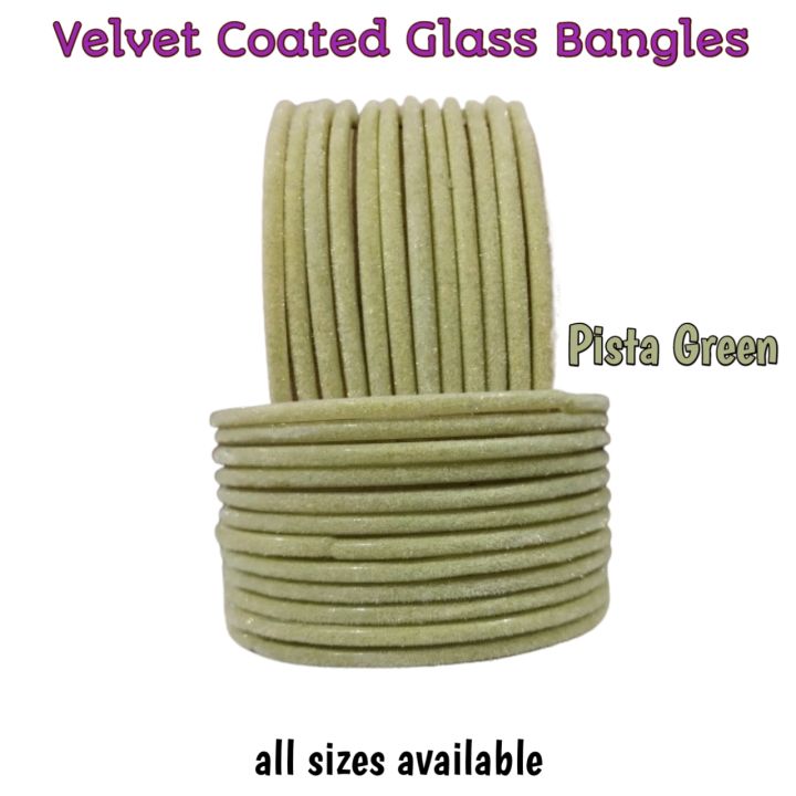 Pista Green color | 24 pieces/ 2 Dozen pista green color velvet glass bangles of all sizes ( do, sawa do , dhai )