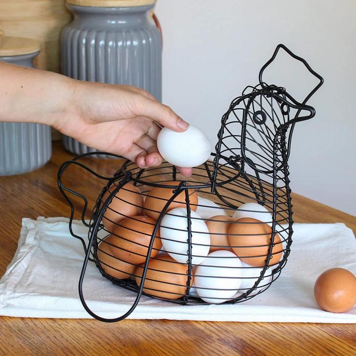 Metal Wire Chicken Shape Egg Basket, Farmhouse Style Black Metal Wire Decorative Basket, Kitchen Egg Collector Basket