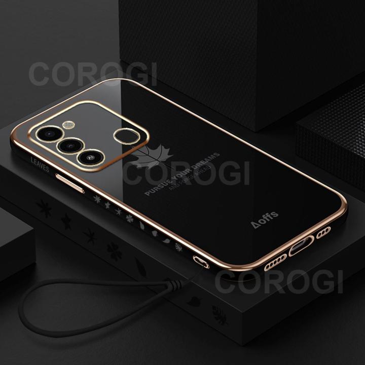 For Tecno Spark 8C Back Cover with Hand Strap Luxury Shiny 6D Plating Maple Leaves Pattern Protective Case Square Bumper Soft Silicone Mobile Phone Cases