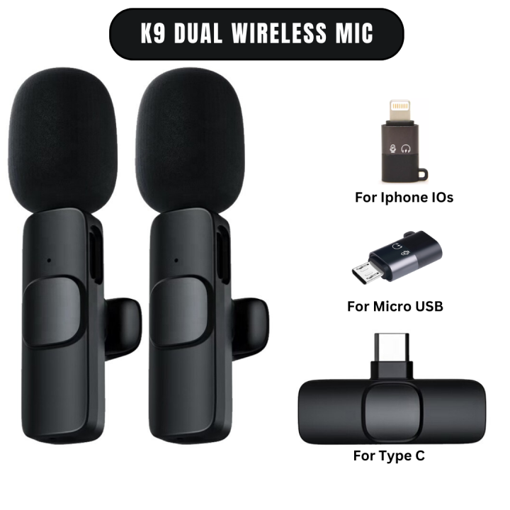 ( Not Support Tecno and Infinix ) K9 Dual Microphone Mic Plug & Play USB Type C Plug Wireless Lavalier Microphone | Mini Lapel Microphone Wireless Mic For Recording YouTube_Facebook_ Interview Auto Sync Noise Reduction NO APP or Bluetooth Needed- Dual Mic