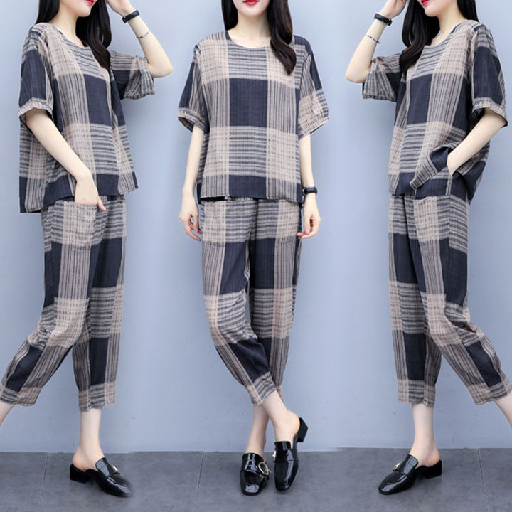 bellylady%202Pcs/set%20Lady%20Short%20Sleeve%20-shirt%20+%20Ninth%20Straight%20Bottom%20Pants%20Summer%20Plaid%20Casual%20Suit%20-%20Image%202