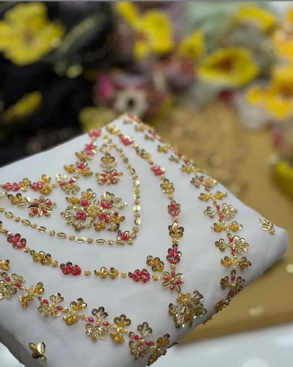 SAJFI CLOSET 2-Piece Handmade Organza Botqui Style Dress with Zarri and Nagina Embroidery, Oil Paint Dupatta