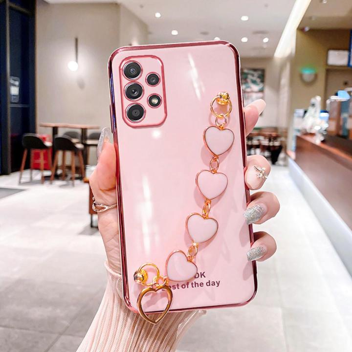 For Samsung Galaxy A72 Back Cover with Love Heart Chain Wrist Strap Fashion Bracelet Shiny Plating Bumper Protective Case Silicone Shockproof Mobile Phone Cases