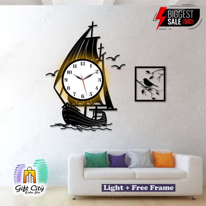 Gift City Presents Yatch Kashti Wooden Wall Clock with light for Night View